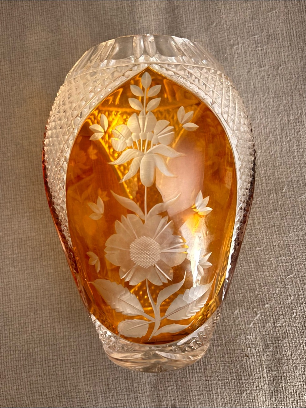 Vintage Large Julia Amber Cut To Clear Crystal Vase with Hand-Engraved Flowers